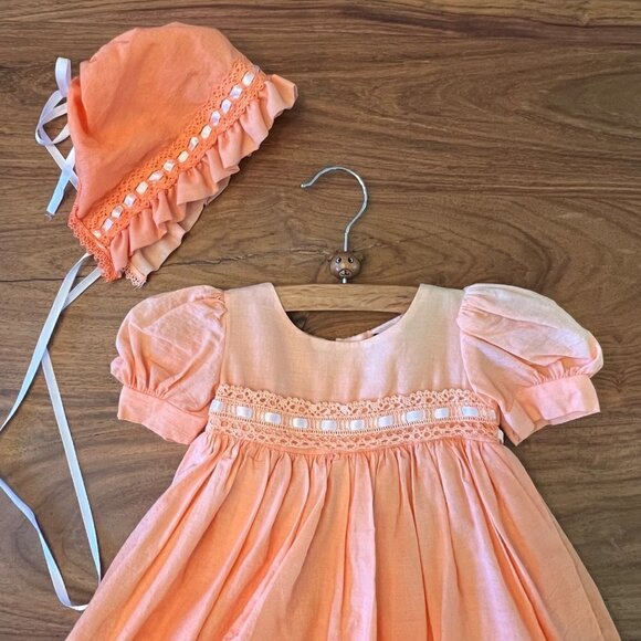 Custom Dyed Orange Ombre Dress with Lace & Ribbon Trim Skinny Sash & Bonnet - Picture 3 of 7